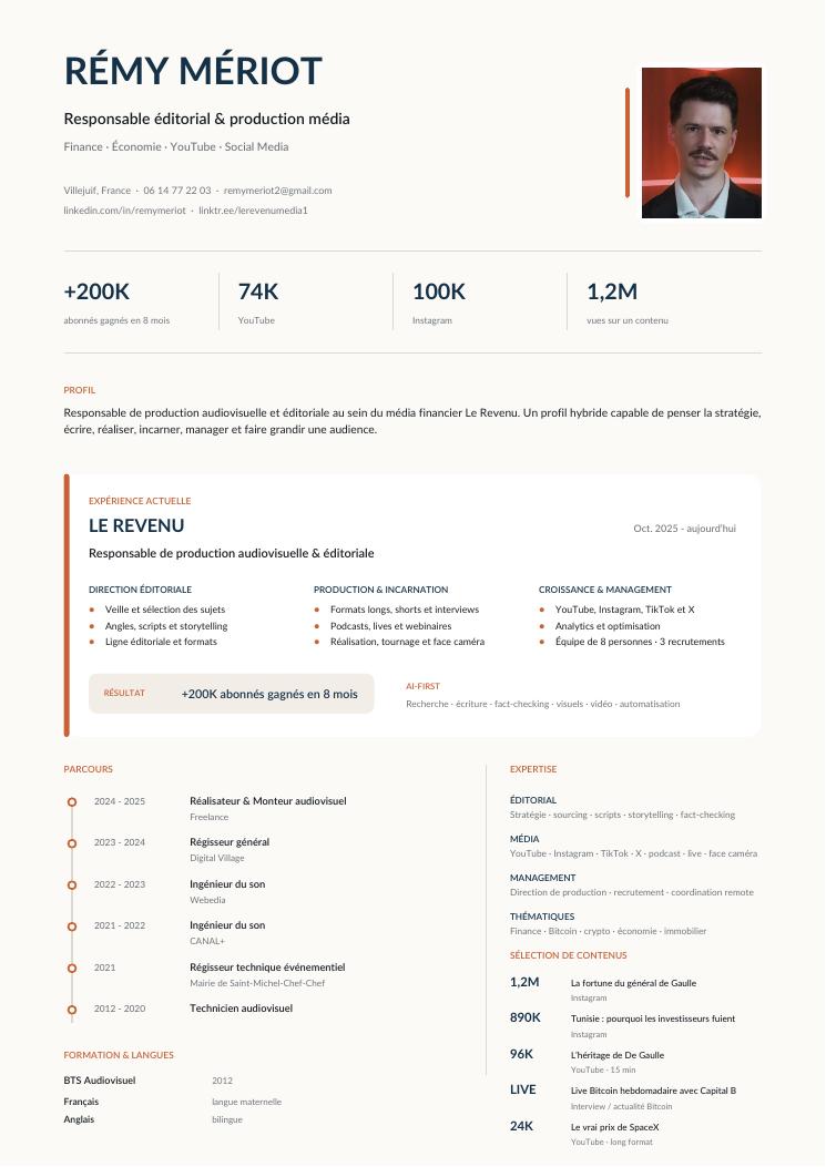 Aperçu de la première page du CV de Rémy Mériot